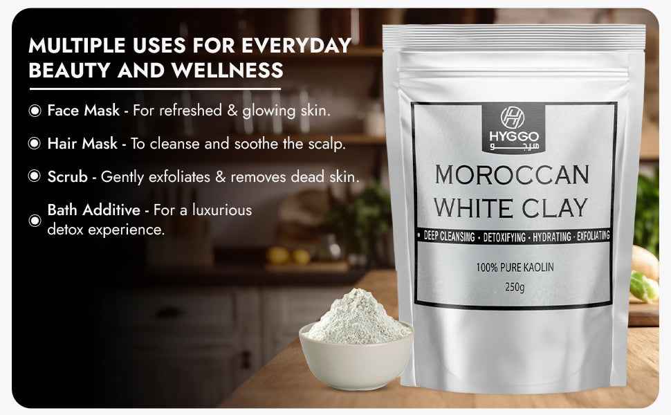 Moroccan White Clay, 100% Pure Kaolin, 250g, Deep Cleansing Face and Body Mask, Detoxifying, Exfoliating, Hydrating, Oil Control, Natural Vegan - HYGGO