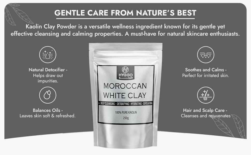 Moroccan White Clay, 100% Pure Kaolin, 250g, Deep Cleansing Face and Body Mask, Detoxifying, Exfoliating, Hydrating, Oil Control, Natural Vegan - HYGGO