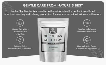 Moroccan White Clay, 100% Pure Kaolin, 250g, Deep Cleansing Face and Body Mask, Detoxifying, Exfoliating, Hydrating, Oil Control, Natural Vegan - HYGGO