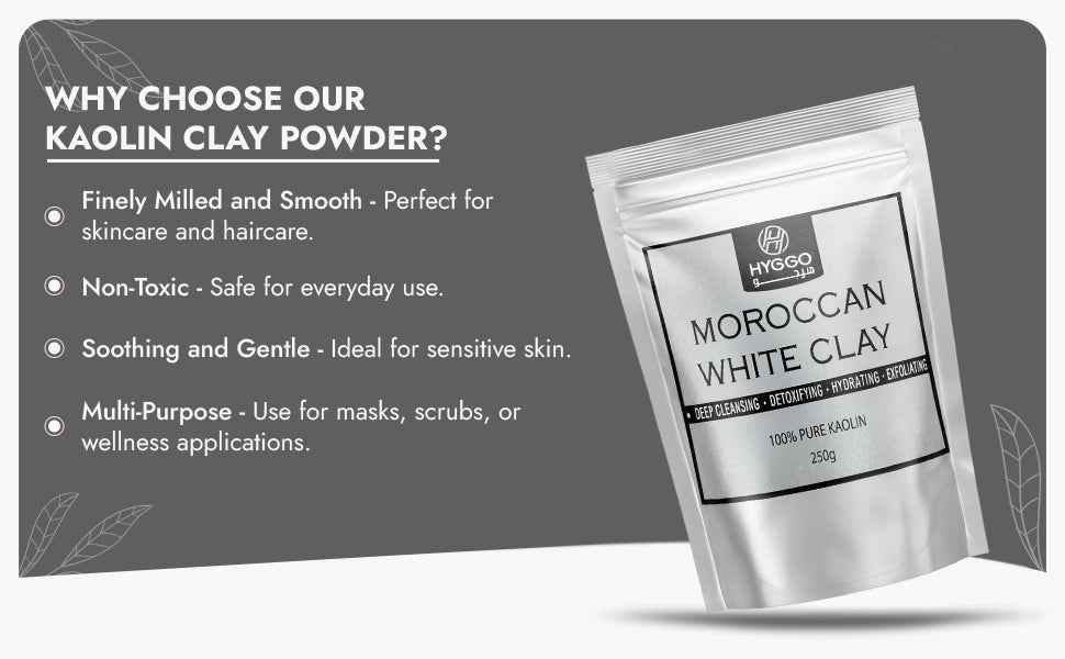 Moroccan White Clay, 100% Pure Kaolin, 250g, Deep Cleansing Face and Body Mask, Detoxifying, Exfoliating, Hydrating, Oil Control, Natural Vegan - HYGGO