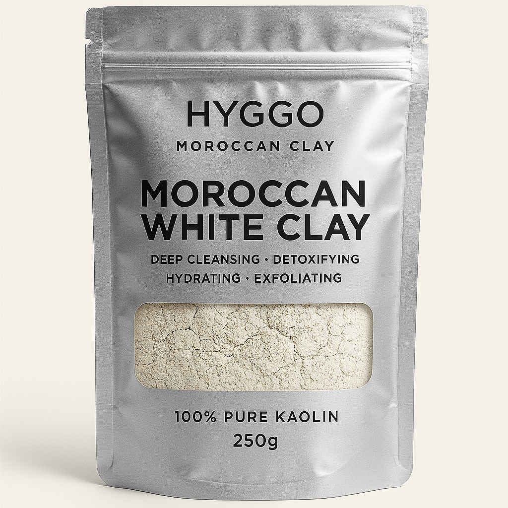 Moroccan White Clay, 100% Pure Kaolin, 250g, Deep Cleansing Face and Body Mask, Detoxifying, Exfoliating, Hydrating, Oil Control, Natural Vegan - HYGGO