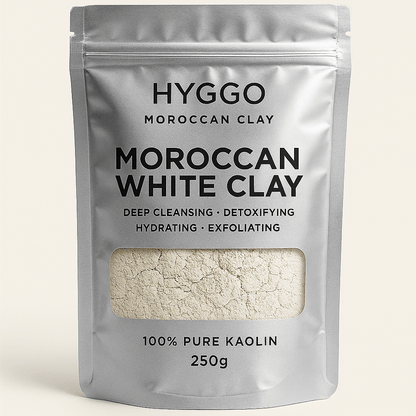 Moroccan White Clay, 100% Pure Kaolin, 250g, Deep Cleansing Face and Body Mask, Detoxifying, Exfoliating, Hydrating, Oil Control, Natural Vegan - HYGGO