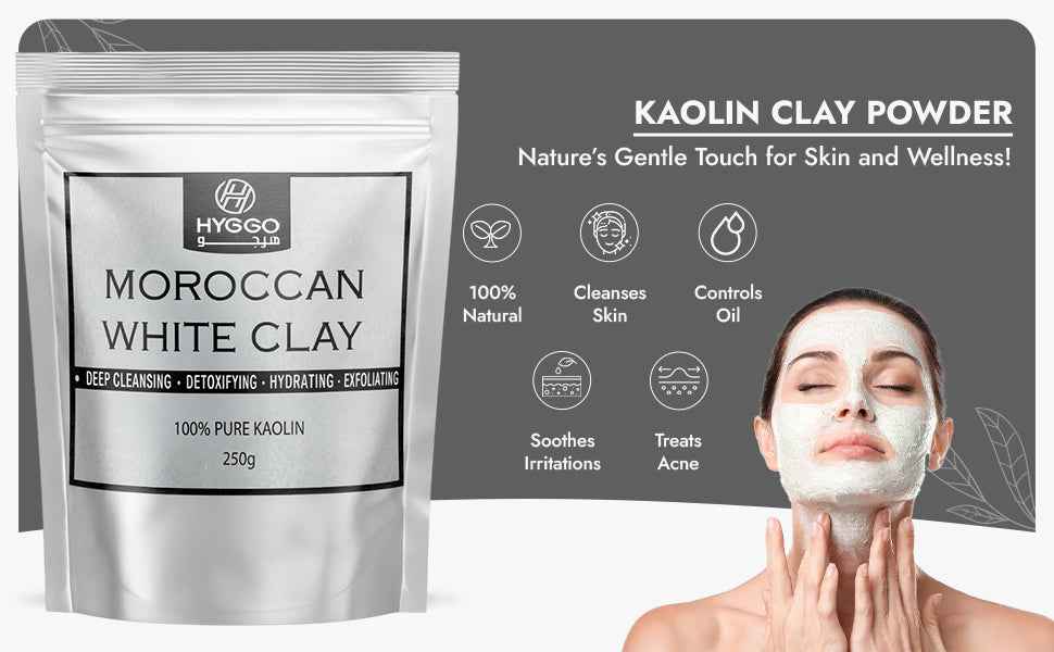 Moroccan White Clay, 100% Pure Kaolin, 250g, Deep Cleansing Face and Body Mask, Detoxifying, Exfoliating, Hydrating, Oil Control, Natural Vegan - HYGGO