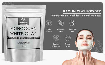 Moroccan White Clay, 100% Pure Kaolin, 250g, Deep Cleansing Face and Body Mask, Detoxifying, Exfoliating, Hydrating, Oil Control, Natural Vegan - HYGGO